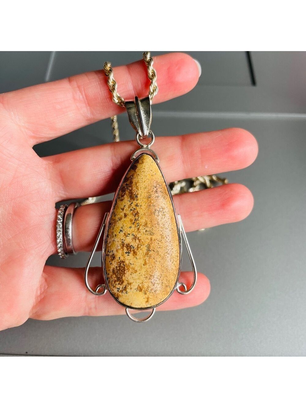 Picture Jasper Large XL Sterling Silver  Pendant on Rope Chain Necklace